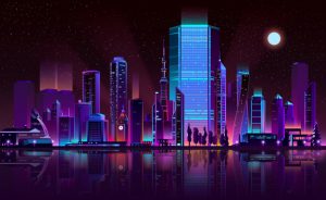 metropolis night skyline neon color cartoon vector 1441 3162